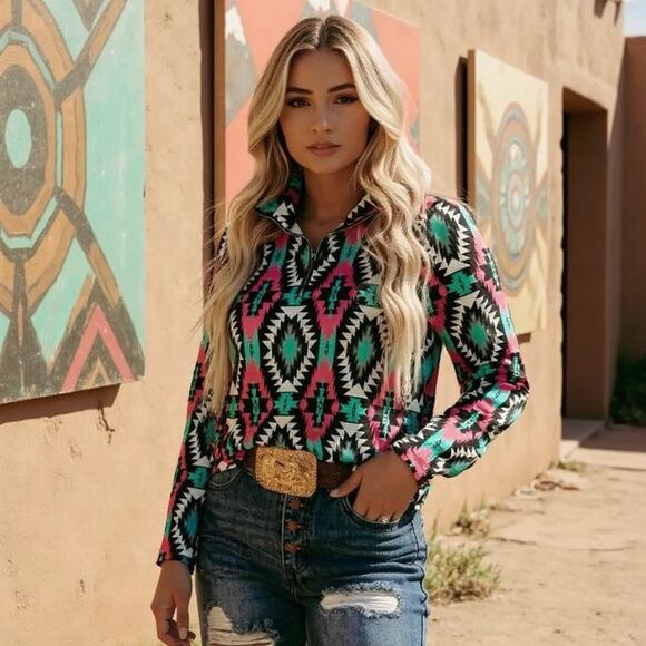 Western Montezuma Aztec Print Pullover Casual New - Picture 1 of 9